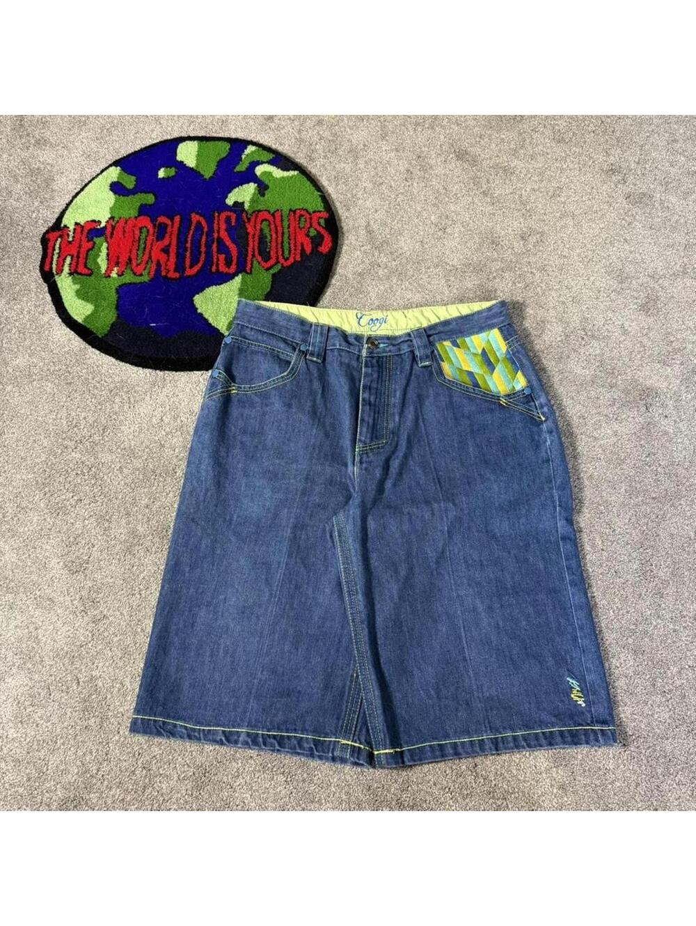 y2k baggy coogi embroidered baggy grail face jorts